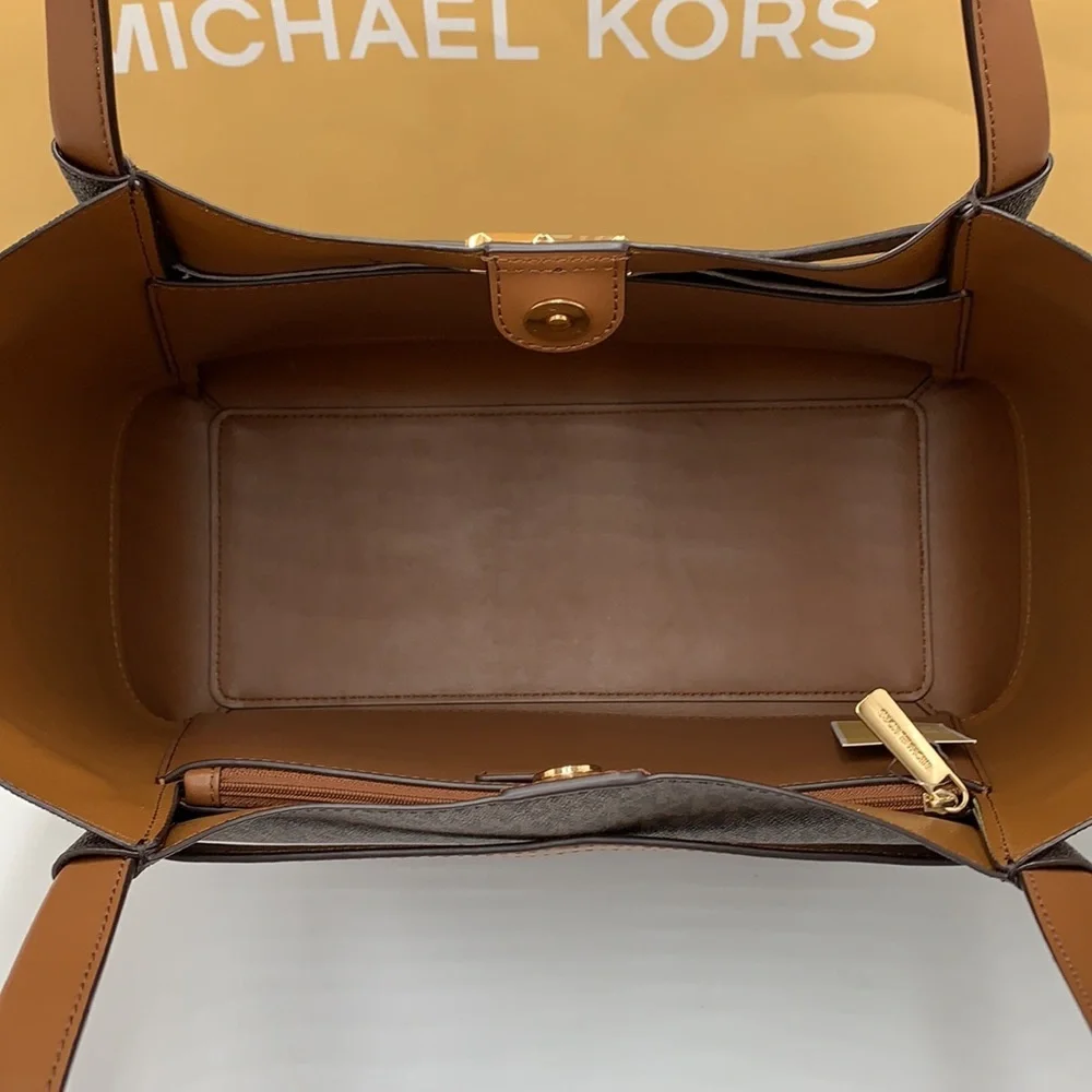 MICHAEL KORS REED  Large BELTED Logo Tote Bag BROWN SIGNATURE COLOR